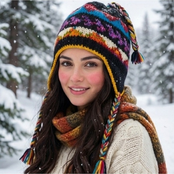 Colorful Knit Wool Chullo Peruvian Beanie Earflap Hat Made in Nepal Braided Ties main image 5